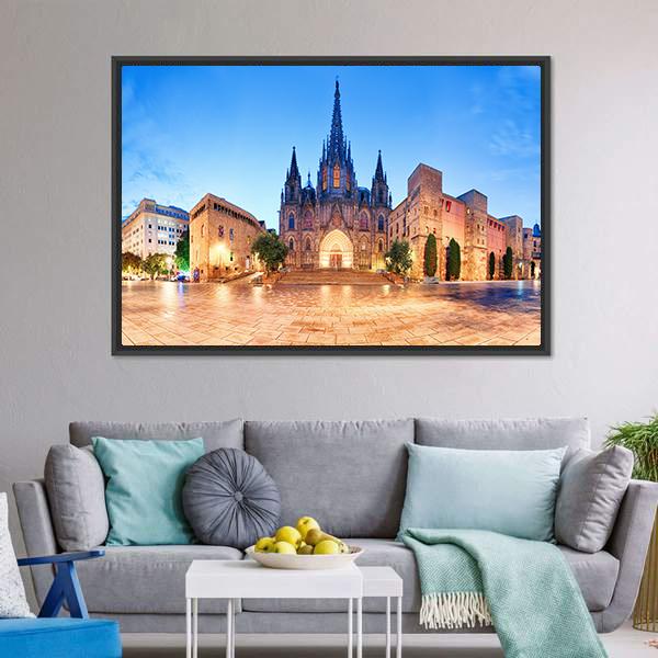 Cathedral Of Barcelona Canvas Wall Art-1 Piece-Floating Frame-36" x 24"-Tiaracle