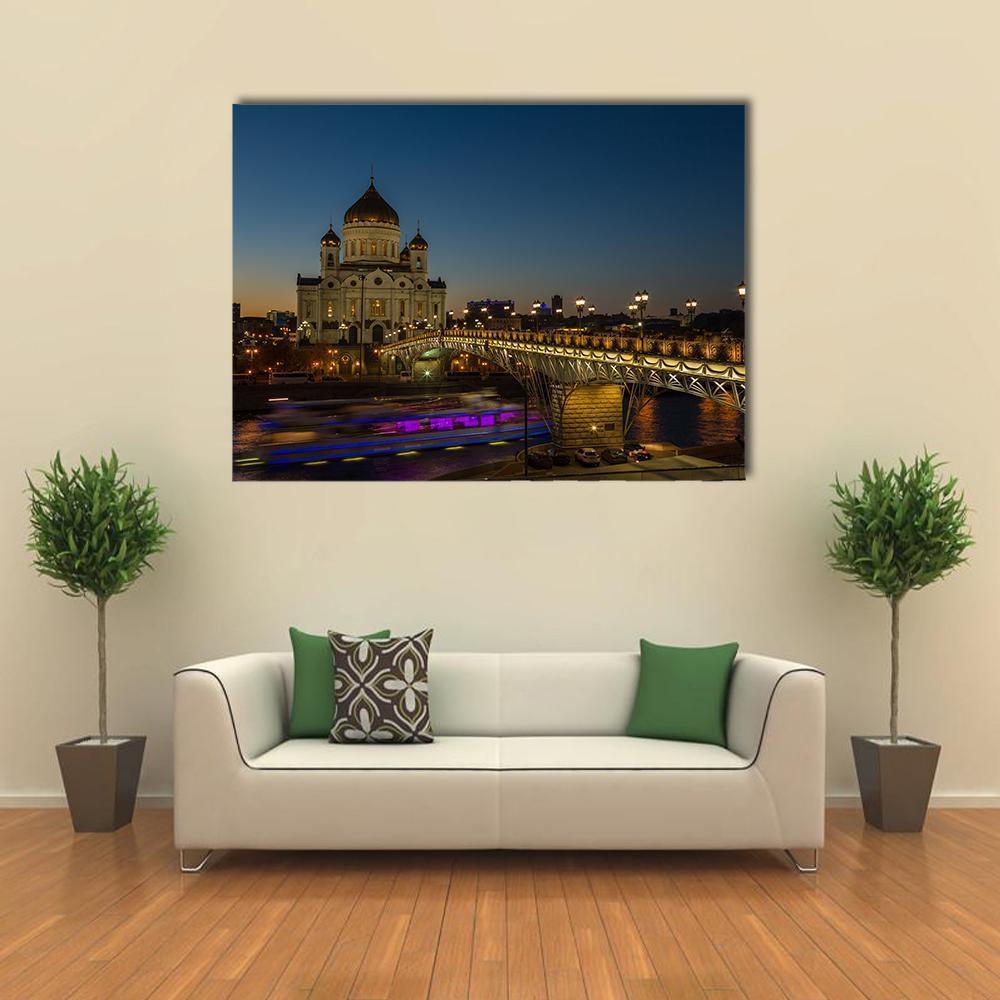 Cathedral of Christ the Saviour, Moscow Canvas Wall Art in black, gold and blue, single panel hung on a wall