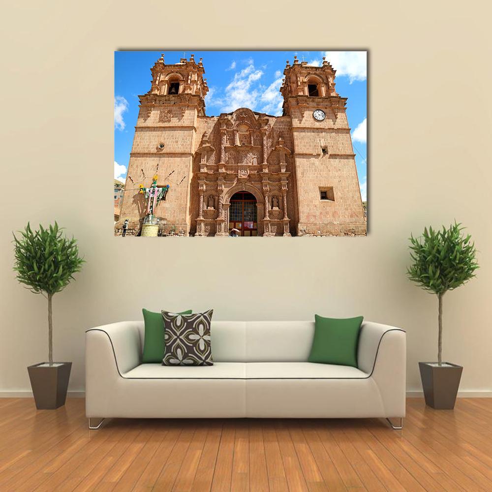 Cathedral of Puno, Peru Canvas Wall Art in beige, brown and blue, single panel hung on a wall