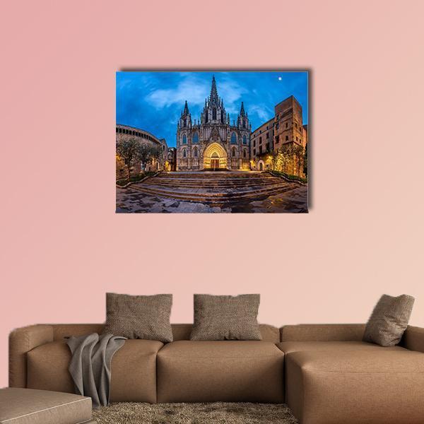 Cathedral of Saint Eulalia Canvas Wall Art in gray, brown and blue, single panel hung on a wall