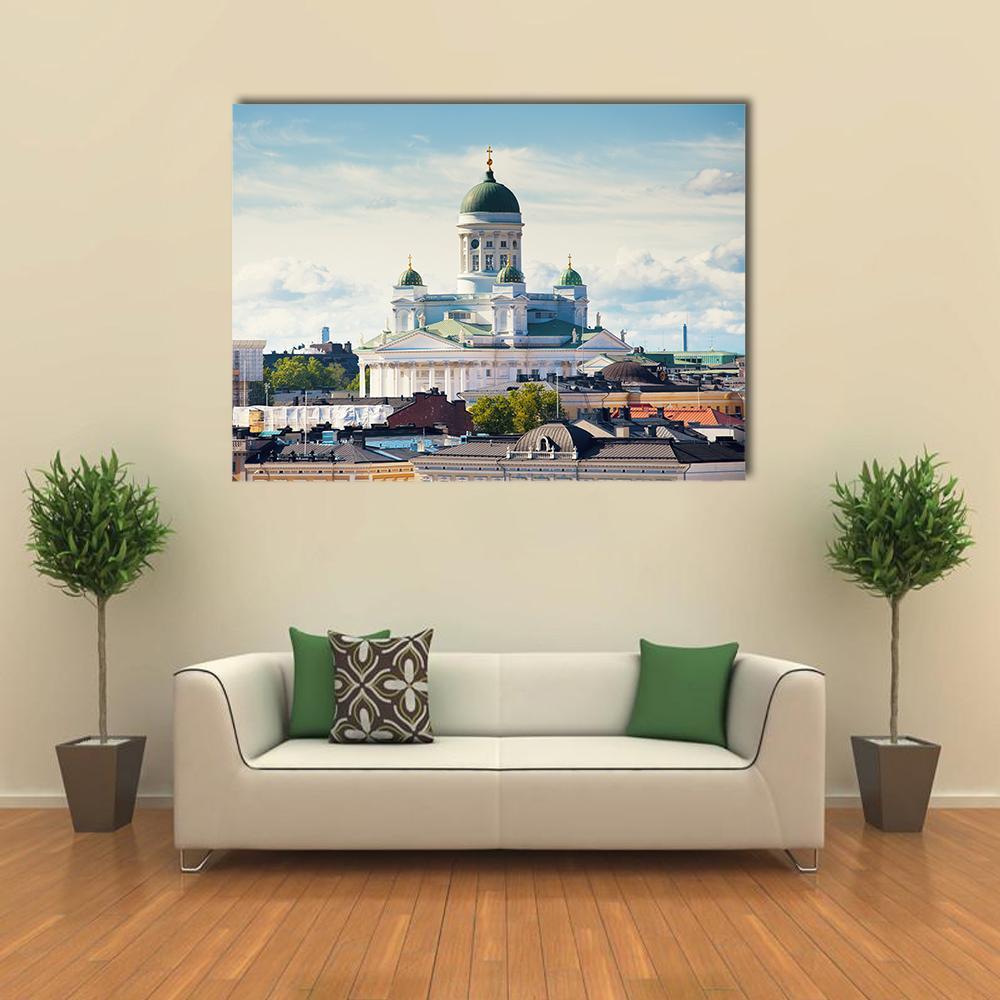 Helsinki Cathedral with Green Domes Canvas Wall Art in white, green and blue, single panel hung on a wall
