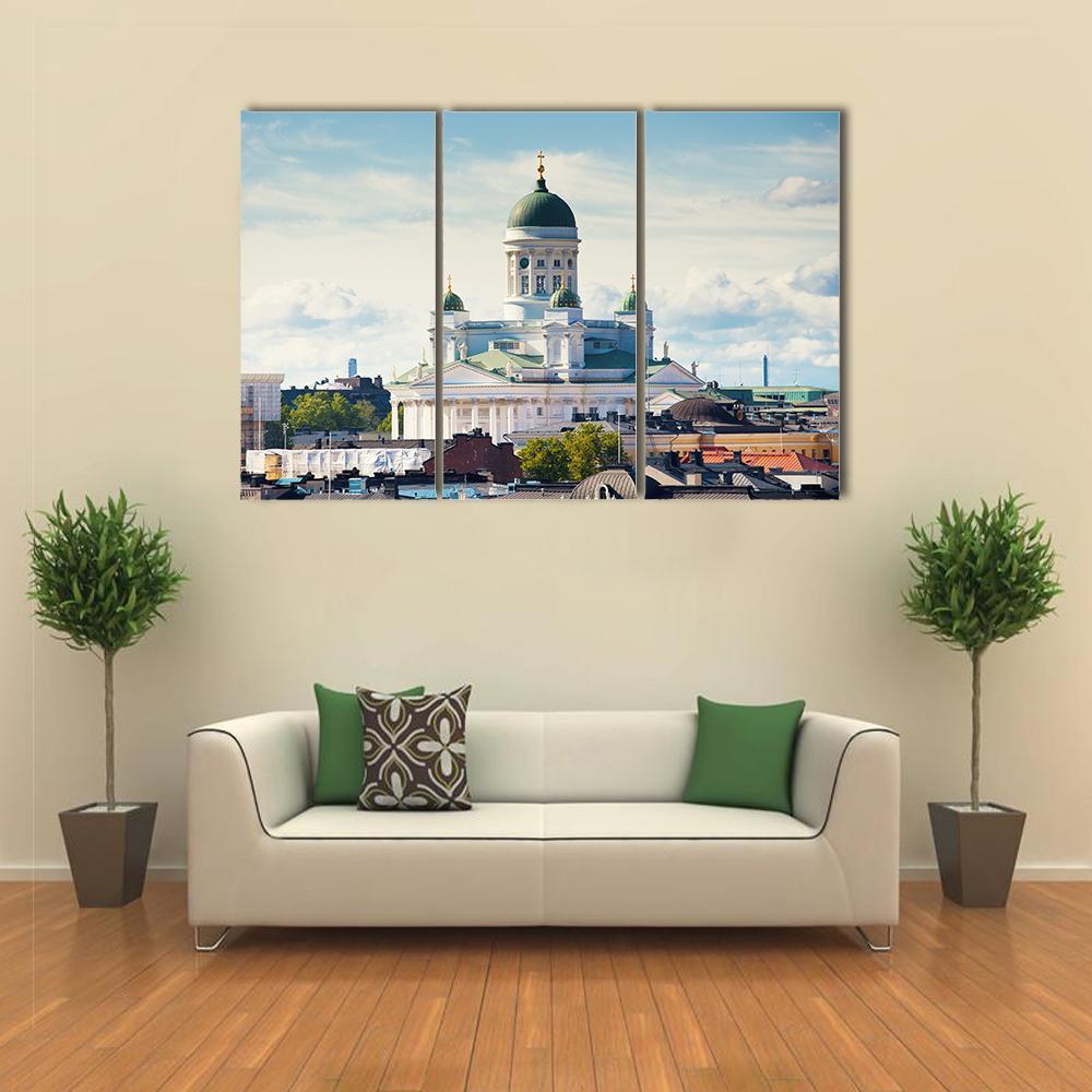 Helsinki Cathedral with Green Domes Canvas Wall Art in white, green and blue, 3 panel horizontal set hung on a wall