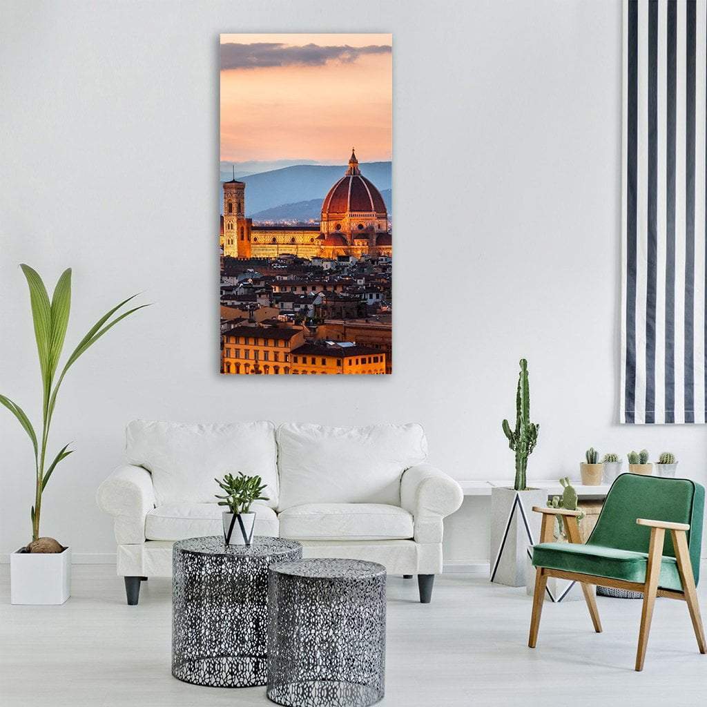 Florence Cathedral at Sunset Vertical Canvas Wall Art in brown, orange and blue, single vertical panel hung on a wall