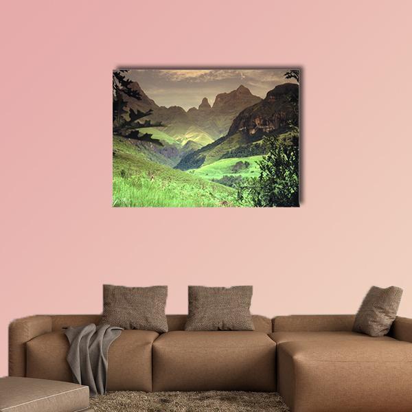 Cathedral Peak Mountain Canvas Wall Art in beige, brown and green, single panel hung on a wall