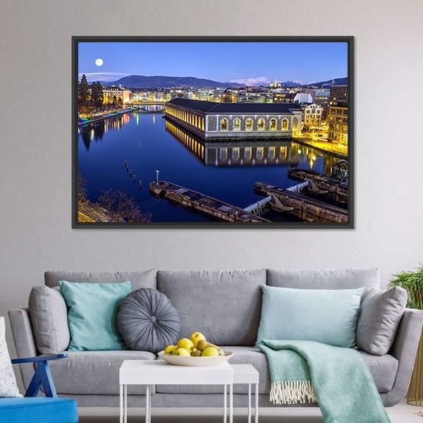Cathedral Tower &amp; Rhone River Canvas Wall Art-1 Piece-Floating Frame-24" x 16"-Tiaracle