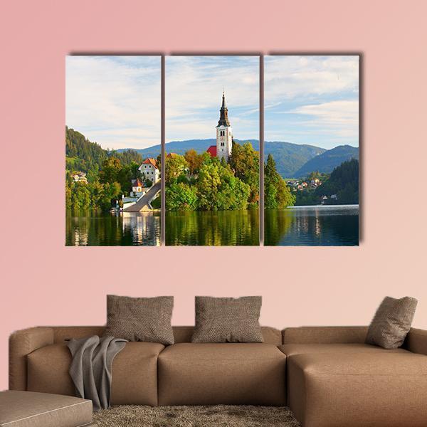 Church On Bled Lake Canvas Wall Art-3 Horizontal-Gallery Wrap-37" x 24"-Tiaracle
