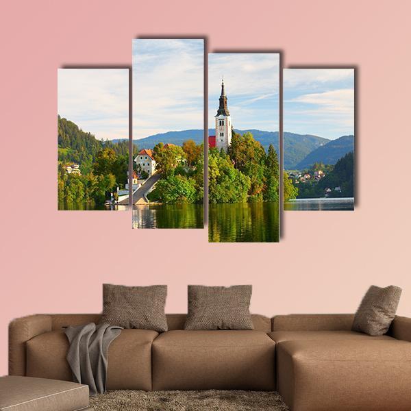 Church On Bled Lake Canvas Wall Art-4 Pop-Gallery Wrap-50" x 32"-Tiaracle