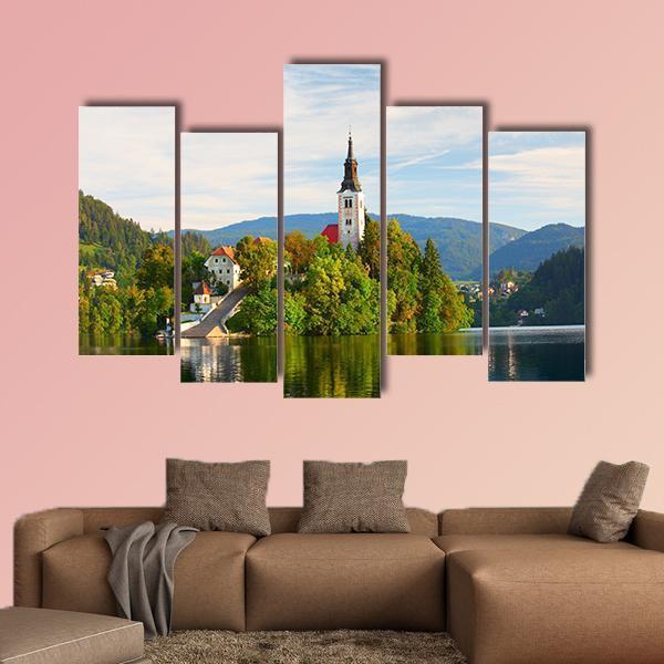 Church On Bled Lake Canvas Wall Art-5 Pop-Gallery Wrap-47" x 32"-Tiaracle