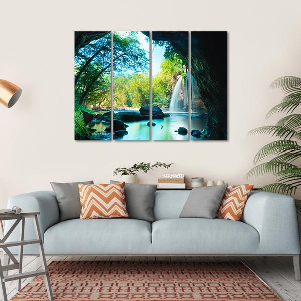 Cave &amp; Waterfall Canvas Wall Art-4 Horizontal-Gallery Wrap-34" x 24"-Tiaracle