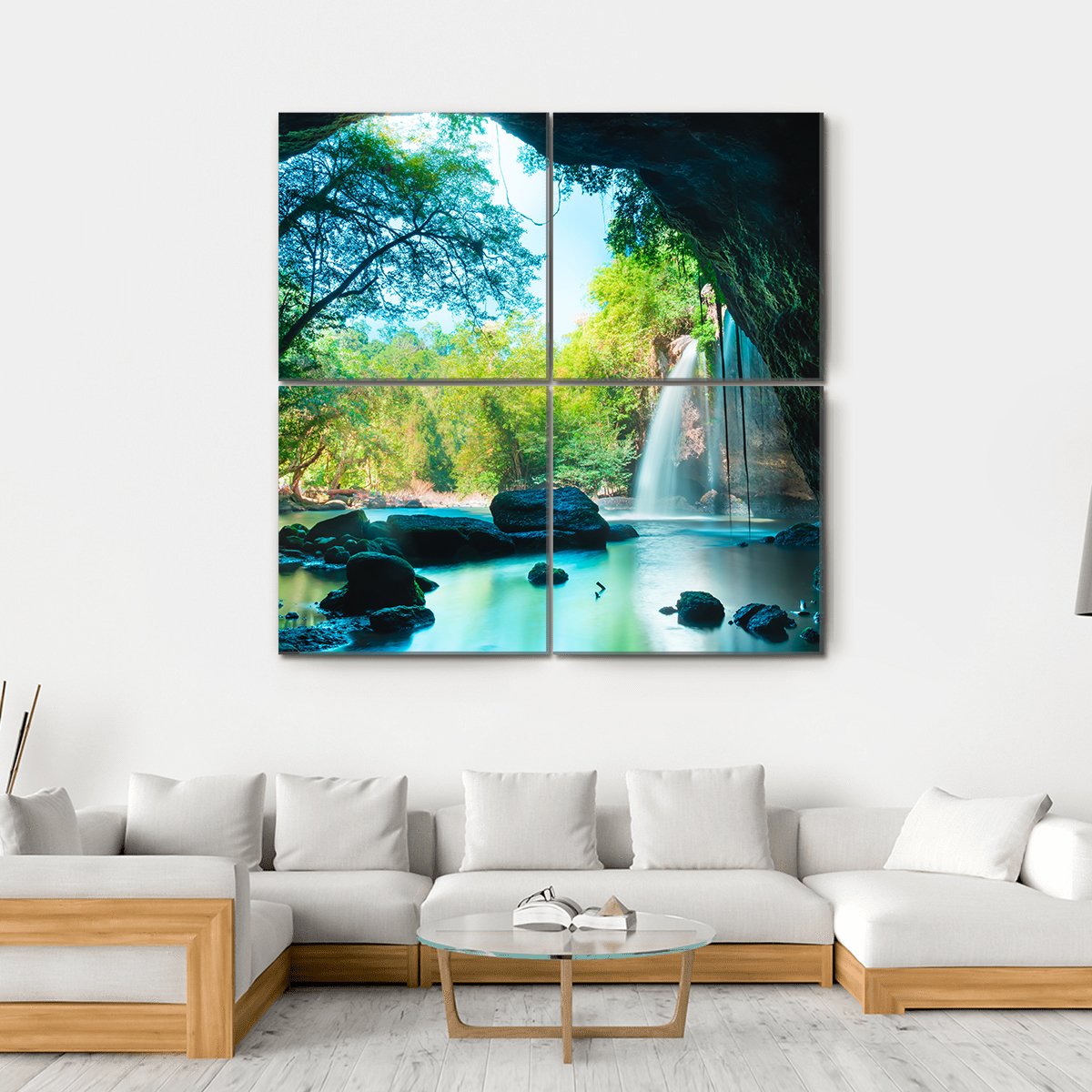 Cave &amp; Waterfall Canvas Wall Art-4 Square-Gallery Wrap-17" x 17"-Tiaracle