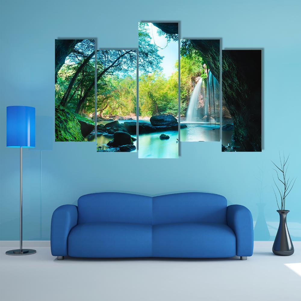 Cave &amp; Waterfall Canvas Wall Art-5 Pop-Gallery Wrap-47" x 32"-Tiaracle