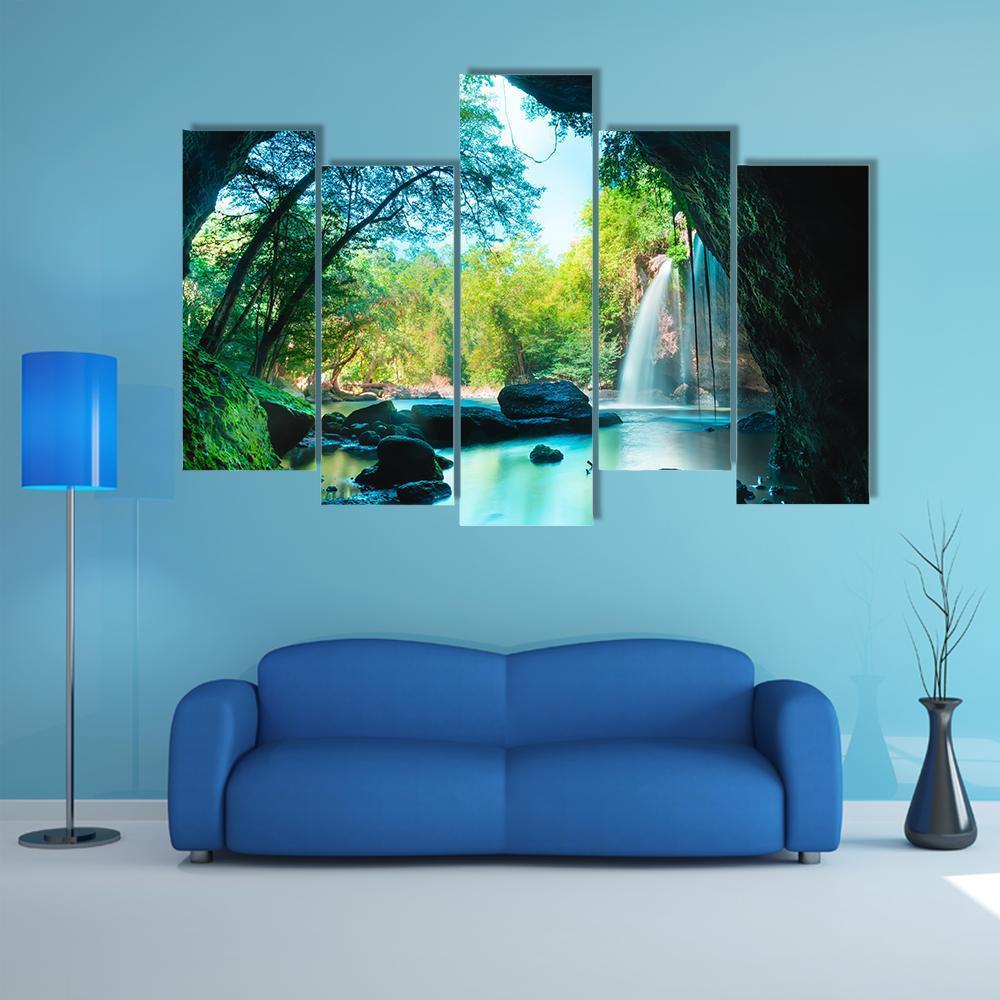 Cave & Waterfall Canvas Wall Art-5 Pop-Gallery Wrap-47" x 32"-Tiaracle