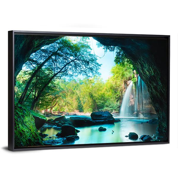 Cave & Waterfall Canvas Wall Art-3 Horizontal-Gallery Wrap-25" x 16"-Tiaracle