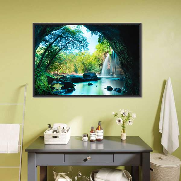 Cave & Waterfall Canvas Wall Art-3 Horizontal-Gallery Wrap-25" x 16"-Tiaracle