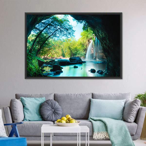 Cave & Waterfall Canvas Wall Art-1 Piece-Floating Frame-24" x 16"-Tiaracle