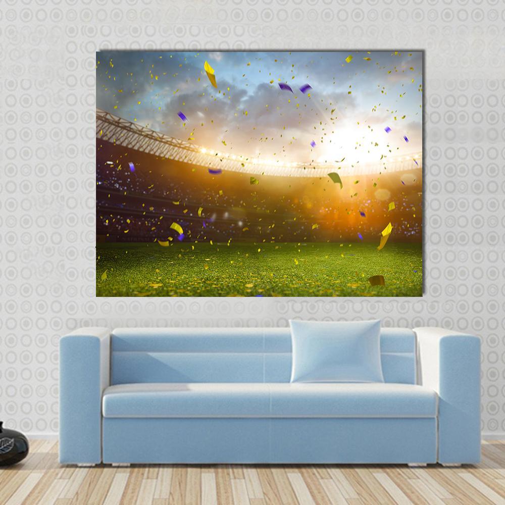 Celebration in Soccer Stadium Canvas Wall Art in gold, yellow and green, single panel hung on a wall