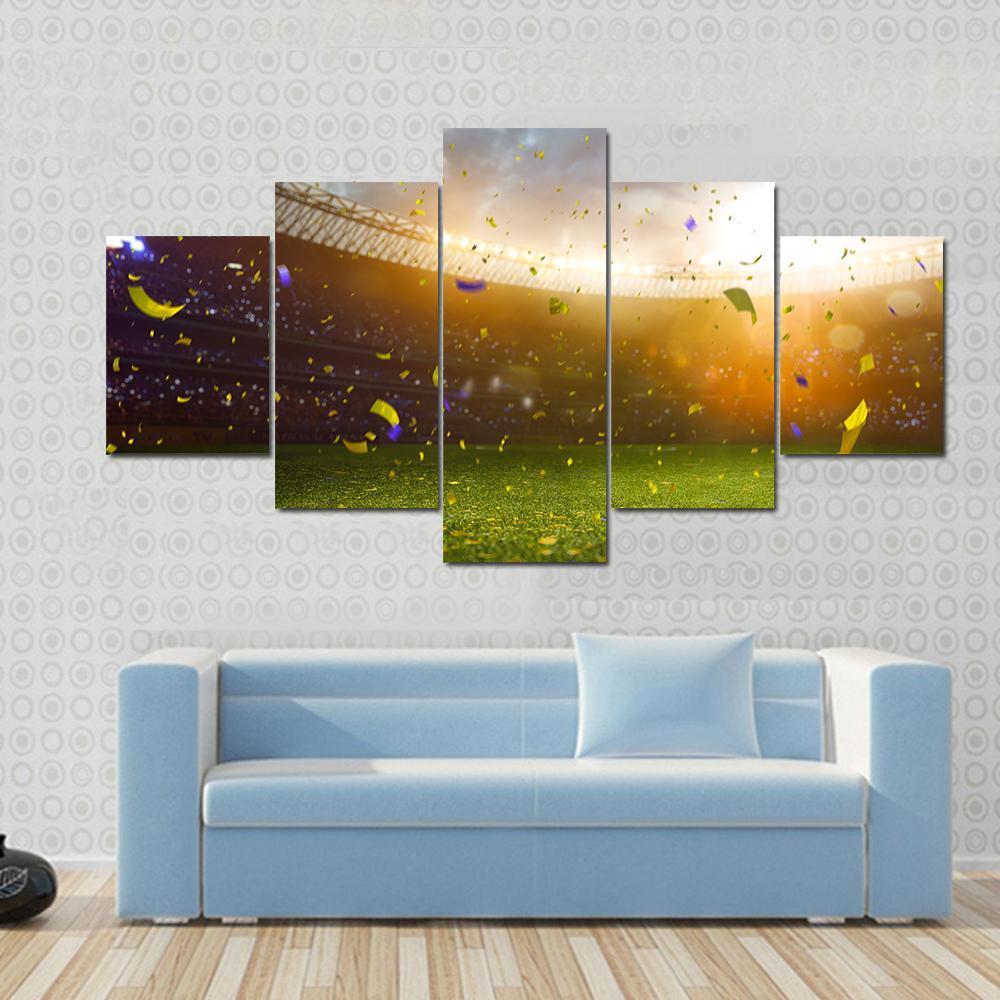 Celebration In Soccer Stadium Canvas Wall Art-5 Star-Gallery Wrap-62&quot; x 32&quot;-Tiaracle