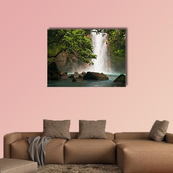 Celestial Waterfall Canvas Wall Art in white, brown and green, single panel hung on a wall