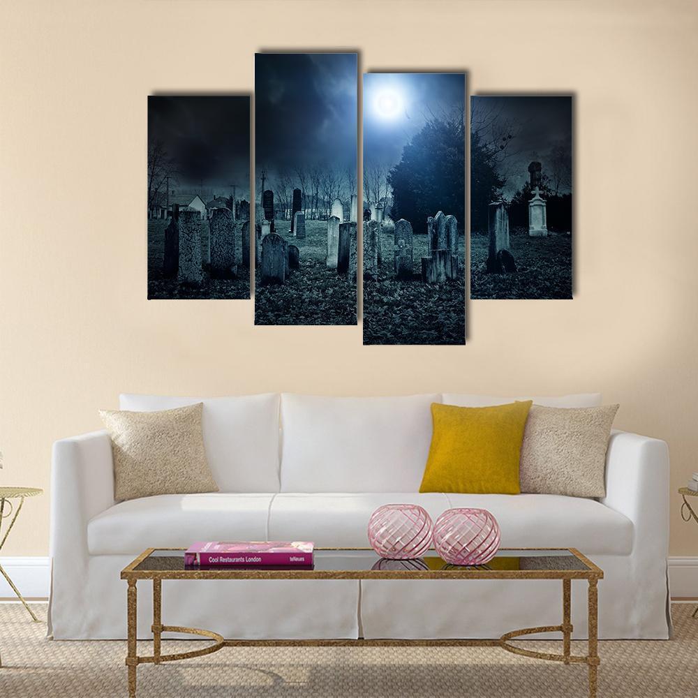 Cemetery Night Canvas Wall Art-4 Pop-Gallery Wrap-50" x 32"-Tiaracle