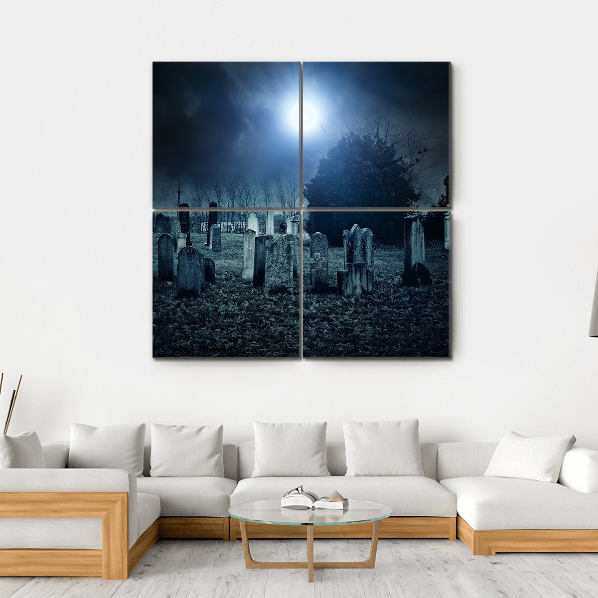 Cemetery Night Canvas Wall Art-4 Square-Gallery Wrap-17" x 17"-Tiaracle