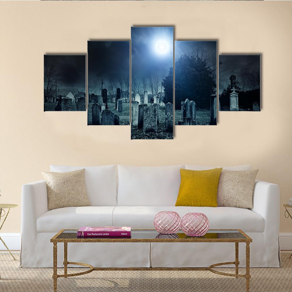 Cemetery Night Canvas Wall Art-5 Star-Gallery Wrap-62" x 32"-Tiaracle