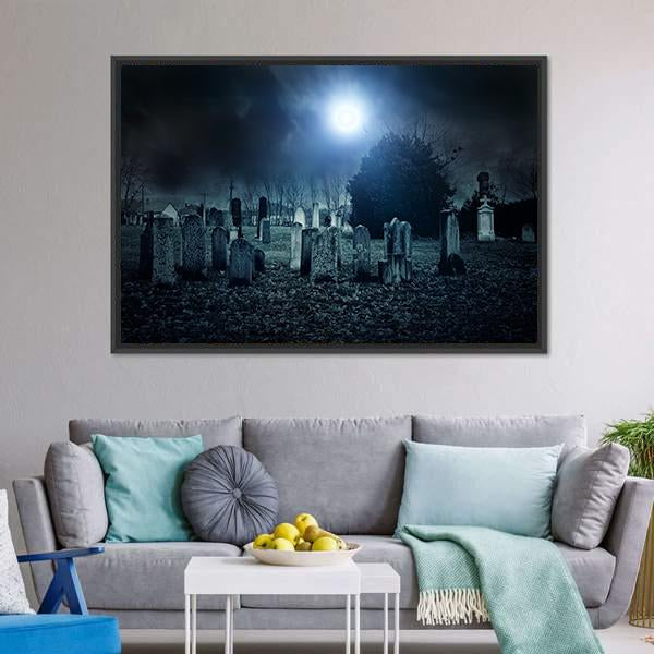 Cemetery Night Canvas Wall Art-1 Piece-Floating Frame-24" x 16"-Tiaracle