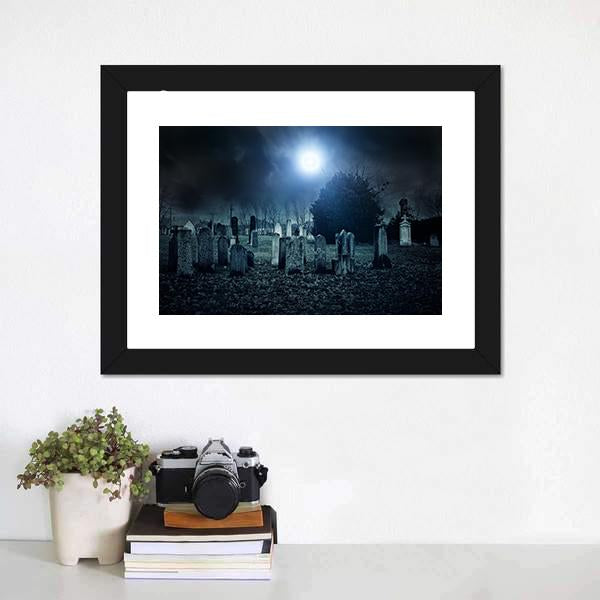 Cemetery Night Canvas Wall Art-1 Piece-Framed Print-20" x 16"-Tiaracle