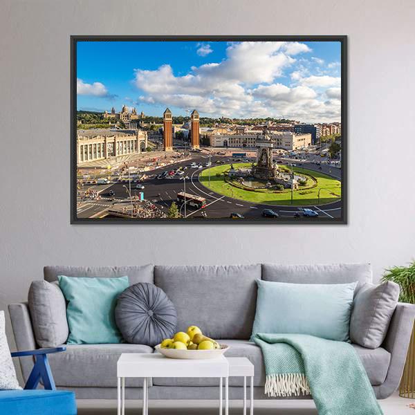 Center Barcelona In A Summer Day Canvas Wall Art-1 Piece-Floating Frame-24" x 16"-Tiaracle