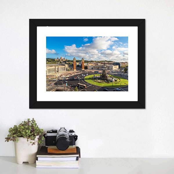 Center Barcelona In A Summer Day Canvas Wall Art-1 Piece-Framed Print-20" x 16"-Tiaracle