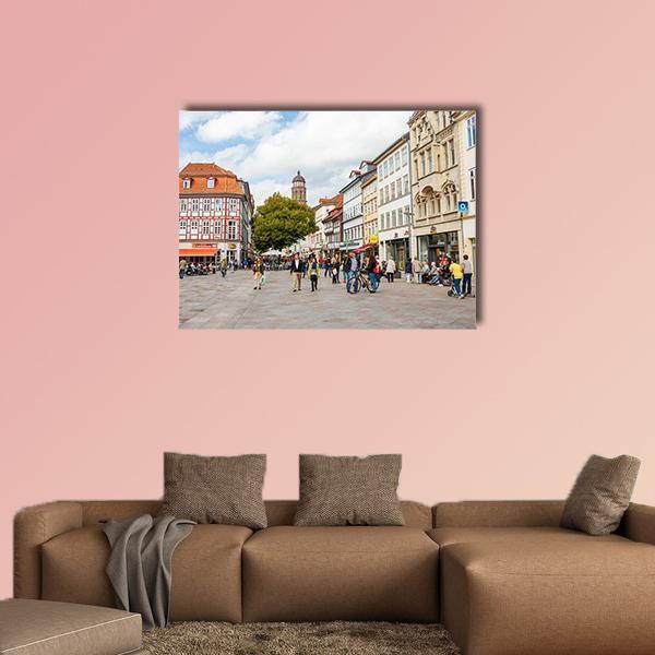 Goettingen Old Town Square Canvas Wall Art in gray, beige and blue, single panel hung on a wall