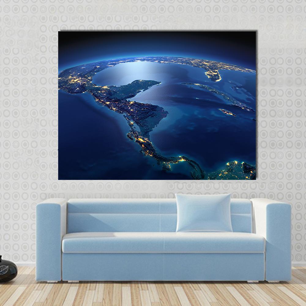 Central America from Space Canvas Wall Art in black and blue, single panel hung on a wall