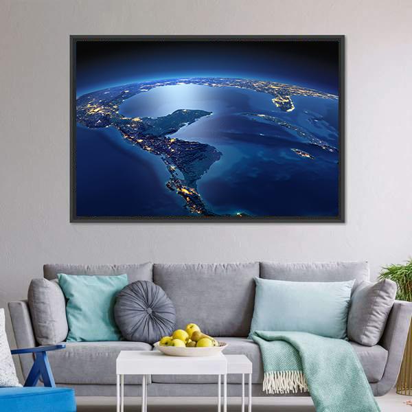 Central America from Space Canvas Wall Art in black and blue, framed canvas, product view on a white background