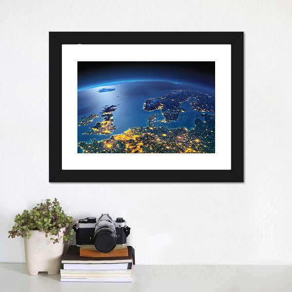Central Europe at Night Canvas Wall Art in black, gold and blue, framed print, product view on a white background