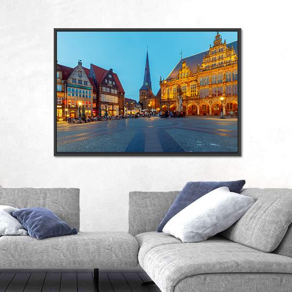 Bremen Central Market Square at Twilight Canvas Wall Art in brown, orange and blue, framed canvas, product view on a white background