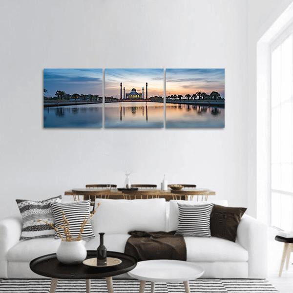 Central Mosque at Twilight Panoramic Canvas Wall Art in gray, orange and blue, hung on a wall