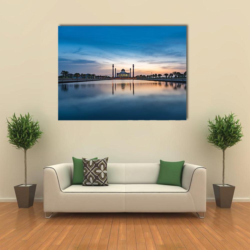 Central Mosque of Songkhla Canvas Wall Art in orange and blue, single panel hung on a wall
