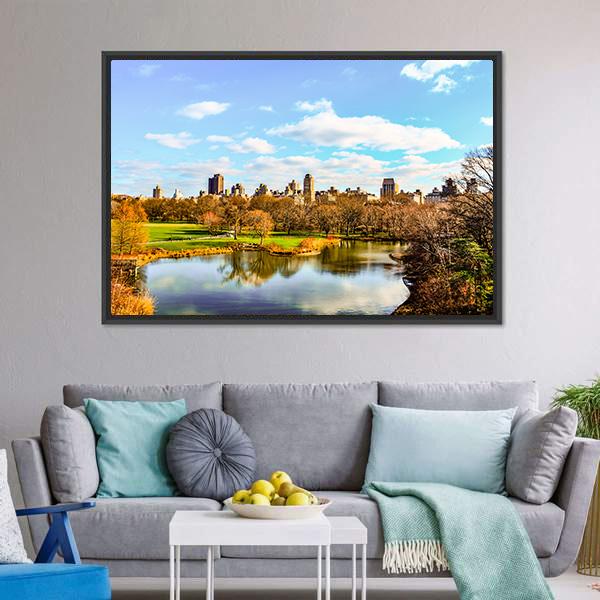 Central Park In Autumn Canvas Wall Art-1 Piece-Floating Frame-24" x 16"-Tiaracle