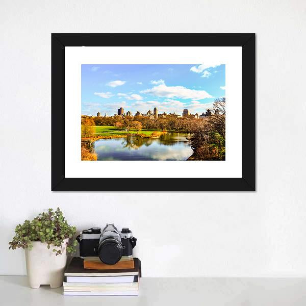 Central Park In Autumn Canvas Wall Art-1 Piece-Framed Print-20" x 16"-Tiaracle