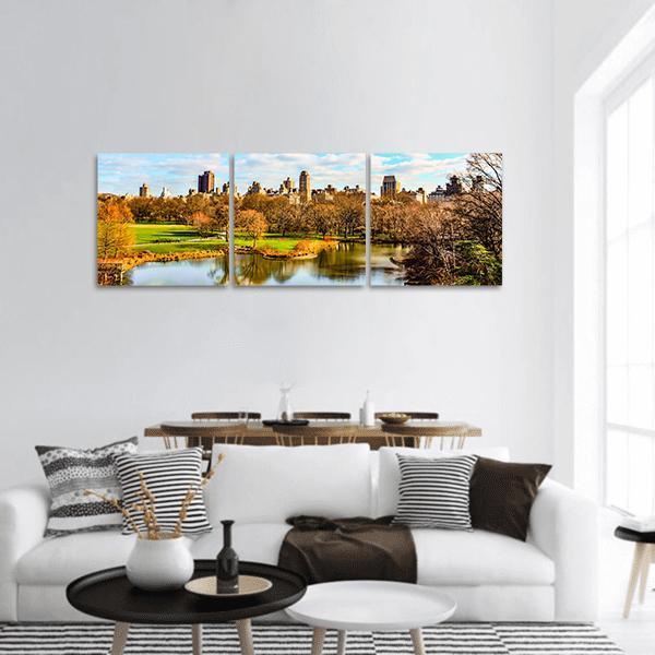 Central Park In Autumn Panoramic Canvas Wall Art-3 Piece-25" x 08"-Tiaracle