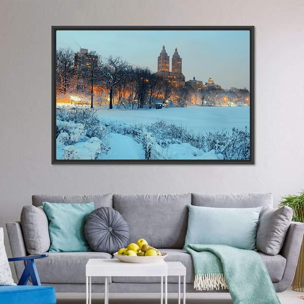 Central Park In Winter Canvas Wall Art-1 Piece-Floating Frame-42" x 14"-Tiaracle