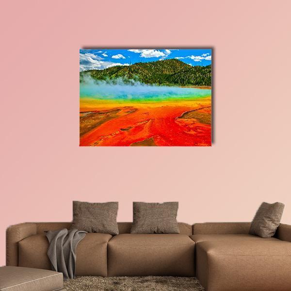 Cerulean Geyser Hot Spring Canvas Wall Art in red, orange and blue, single panel hung on a wall