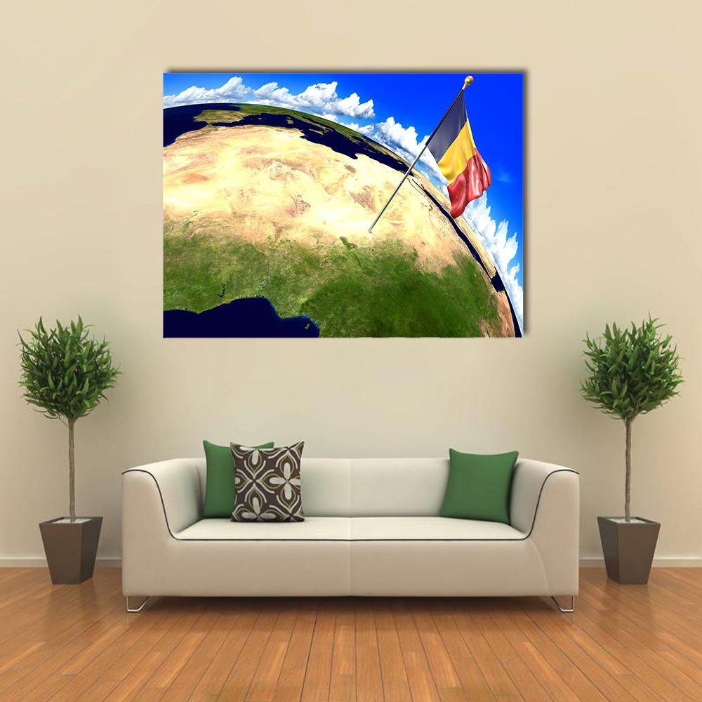 Chad National Flag Canvas Wall Art in beige, yellow and blue, single panel hung on a wall