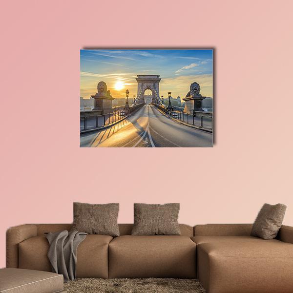 Chain Bridge at Sunrise Canvas Wall Art in gray, yellow and blue, single panel hung on a wall