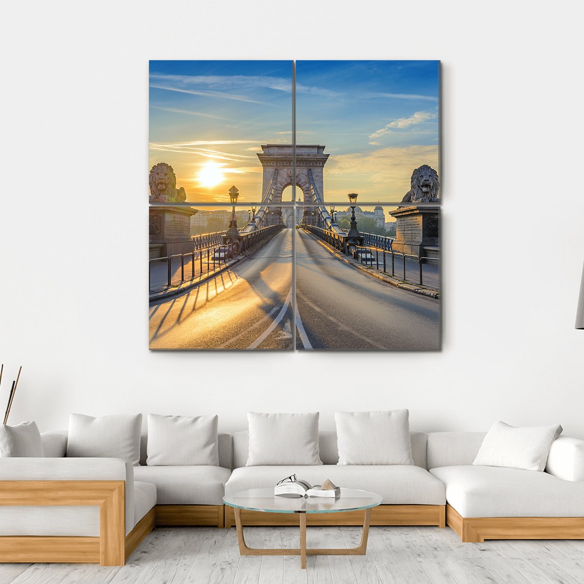 Chain Bridge At Sunrise Canvas Wall Art-4 Square-Gallery Wrap-17" x 17"-Tiaracle