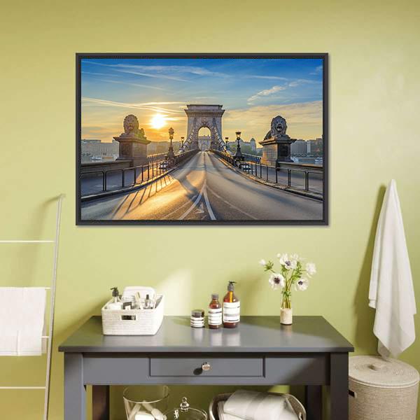 Chain Bridge At Sunrise Panoramic Canvas Wall Art-1 Piece-36" x 12"-Tiaracle