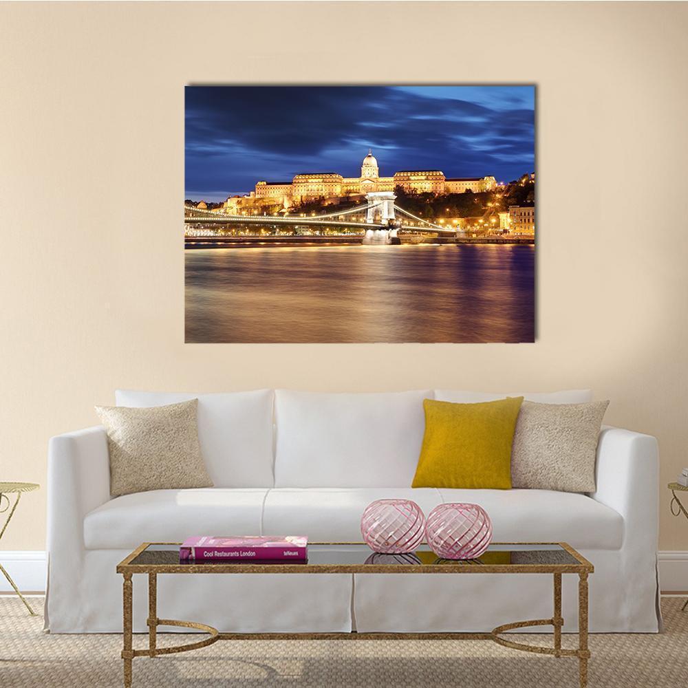 Chain Bridge in Budapest Canvas Wall Art in gold, yellow and blue, single panel hung on a wall