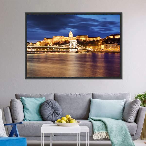 Chain Bridge In Budapest Canvas Wall Art-1 Piece-Floating Frame-36" x 12"-Tiaracle