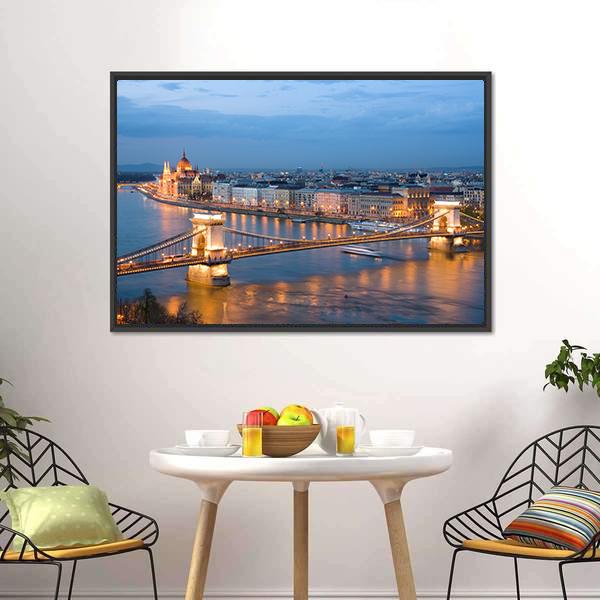 Chain Bridge On Danube River Canvas Wall Art-5 Horizontal-Gallery Wrap-22" x 12"-Tiaracle