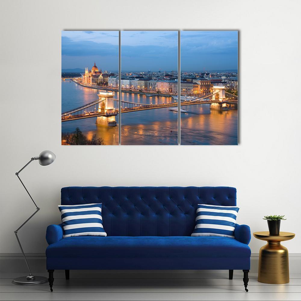 Chain Bridge On Danube River Canvas Wall Art-3 Horizontal-Gallery Wrap-37" x 24"-Tiaracle