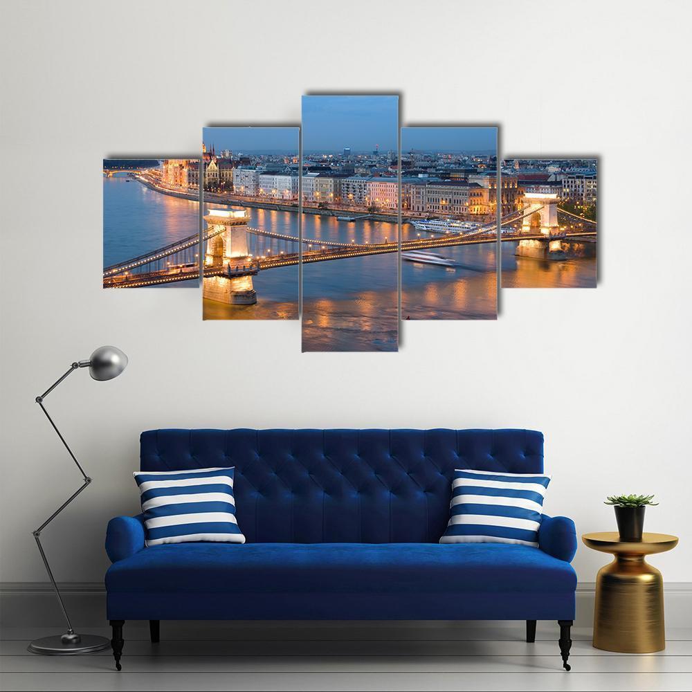 Chain Bridge On Danube River Canvas Wall Art-5 Star-Gallery Wrap-62" x 32"-Tiaracle